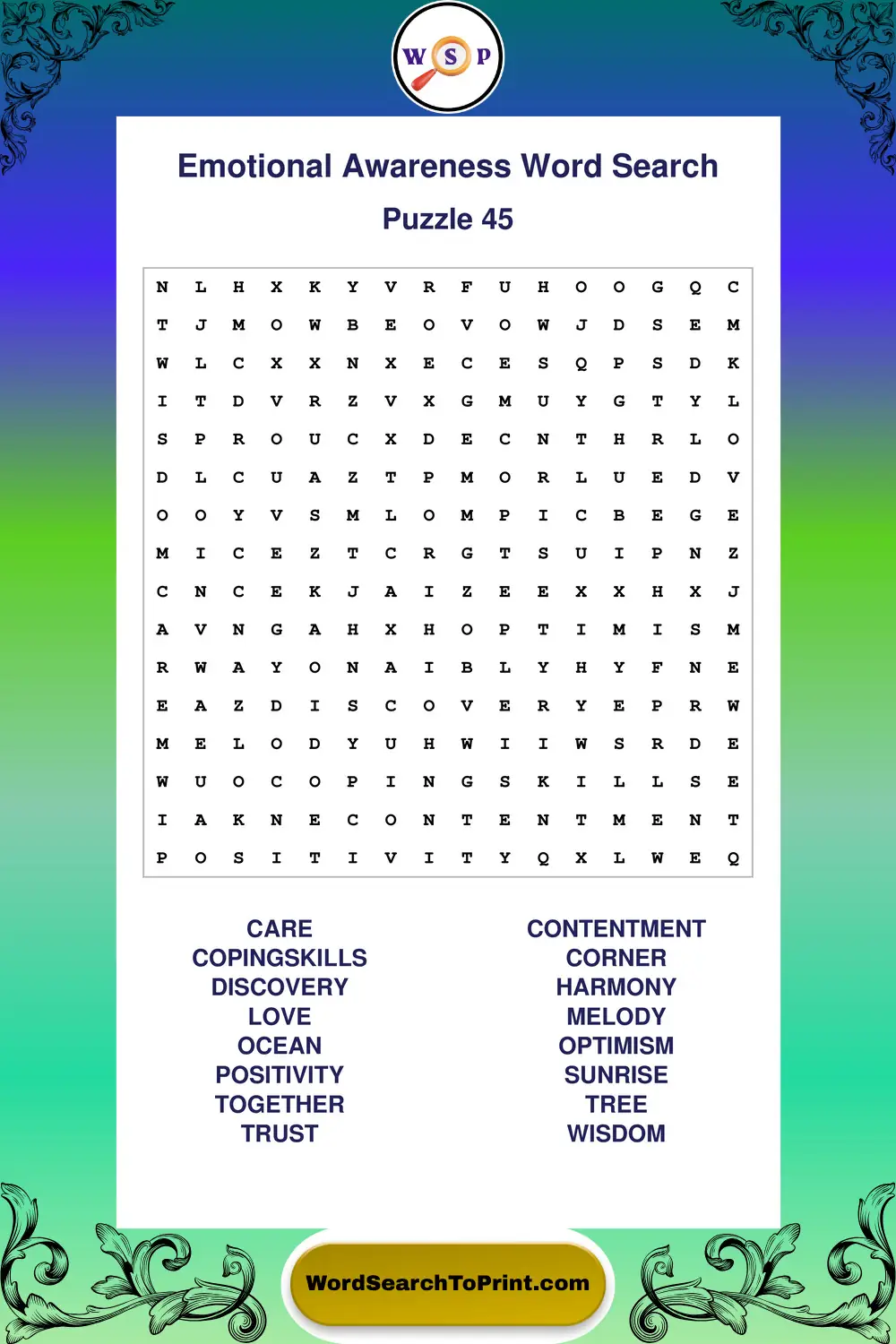 Emotional Awareness Word Search Puzzle 45