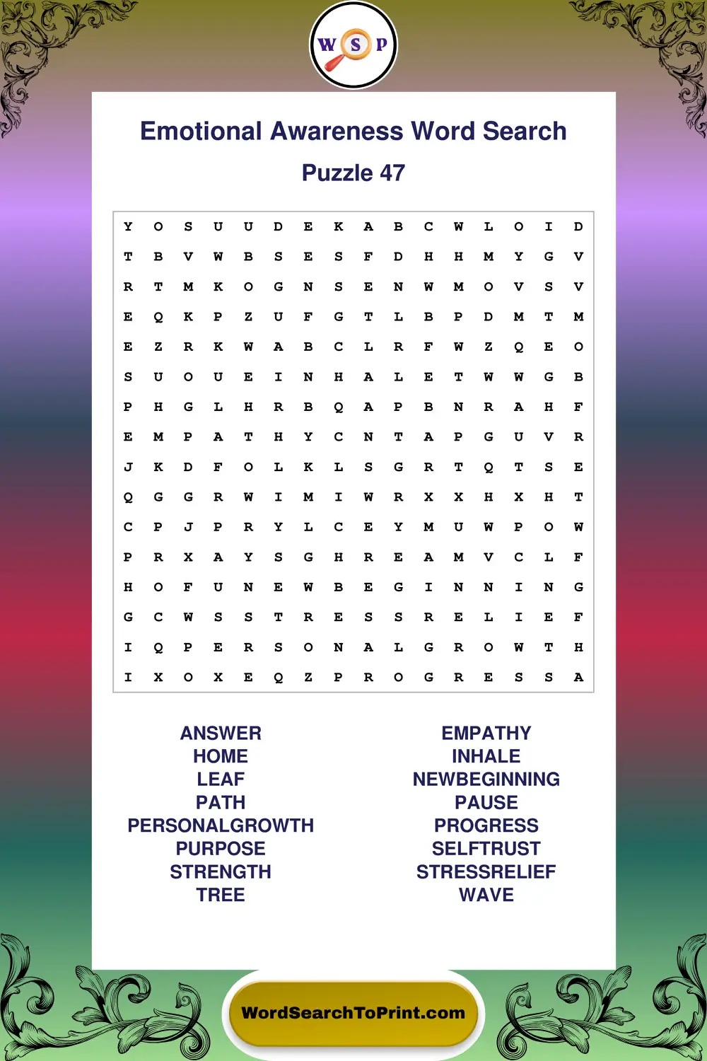 Emotional Awareness Word Search Puzzle 47