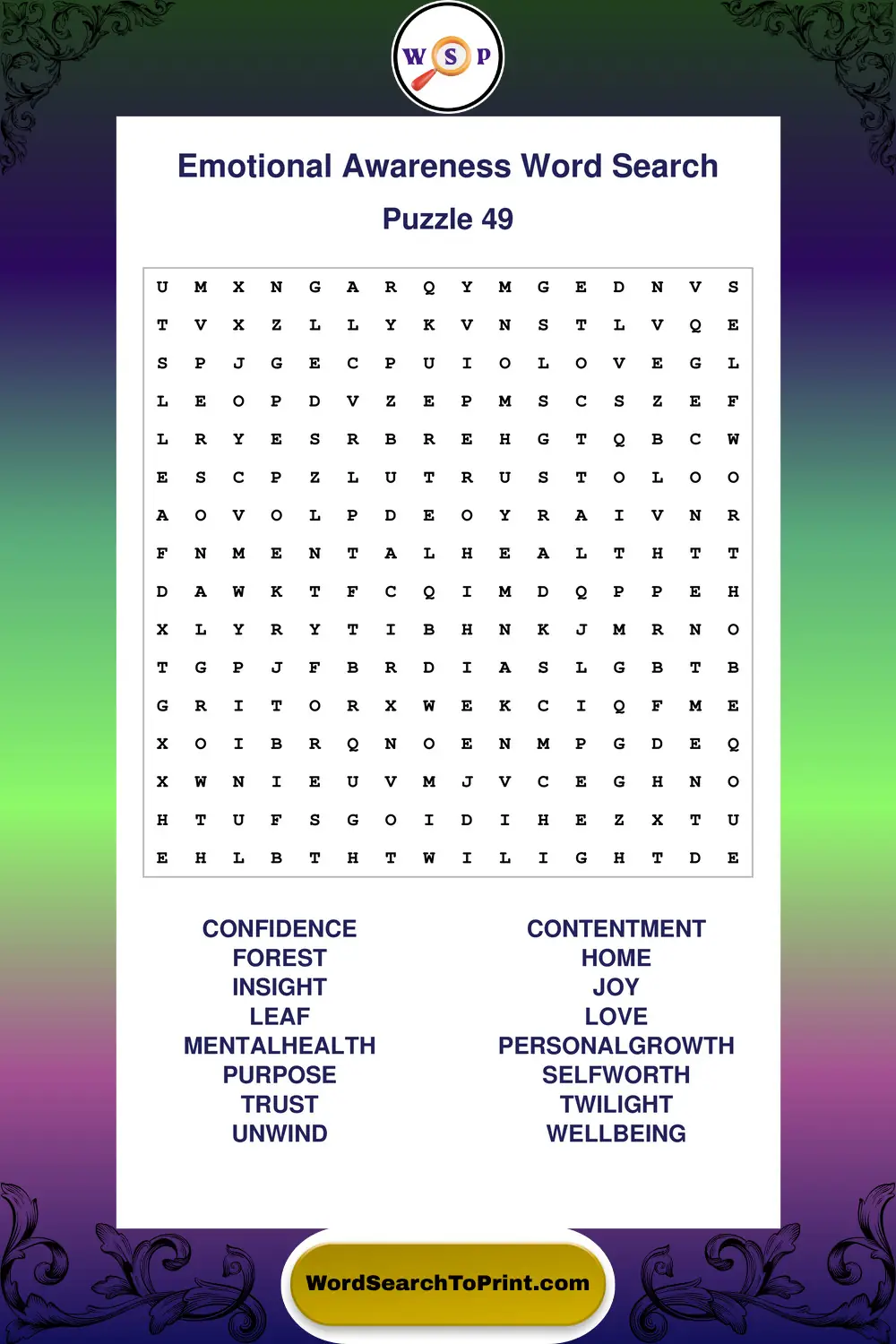 Emotional Awareness Word Search Puzzle 49