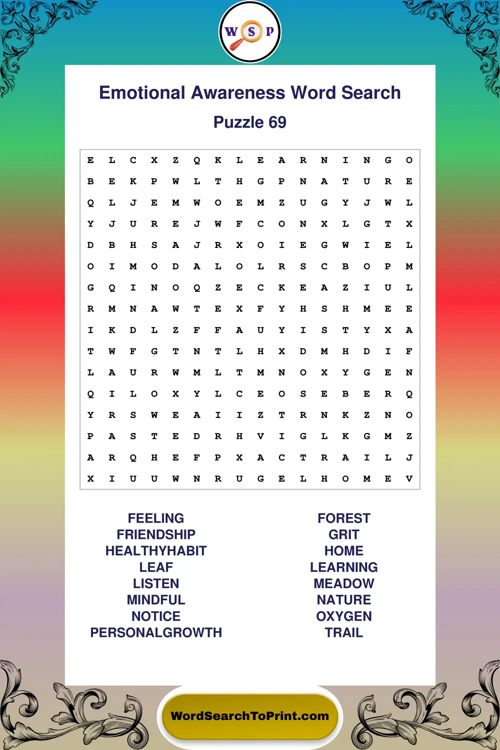 Emotional Awareness Word Search Puzzle 69
