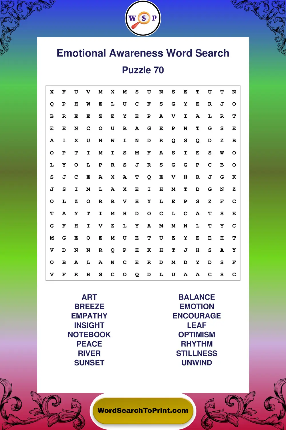 Emotional Awareness Word Search Puzzle 70