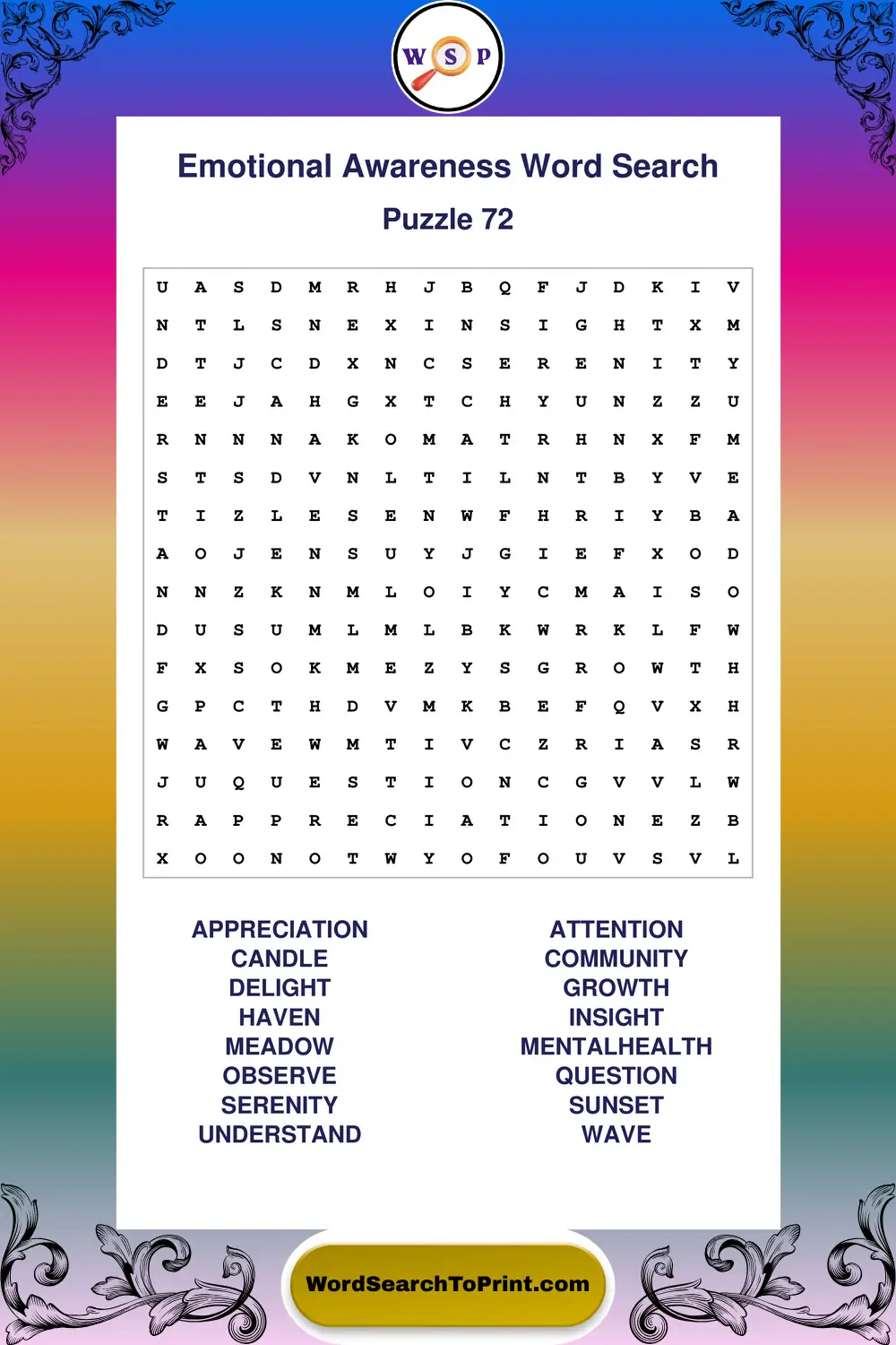 Emotional Awareness Word Search Puzzle 72