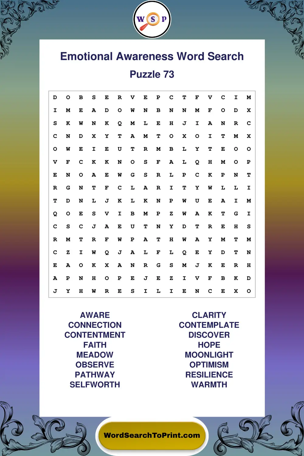 Emotional Awareness Word Search Puzzle 73