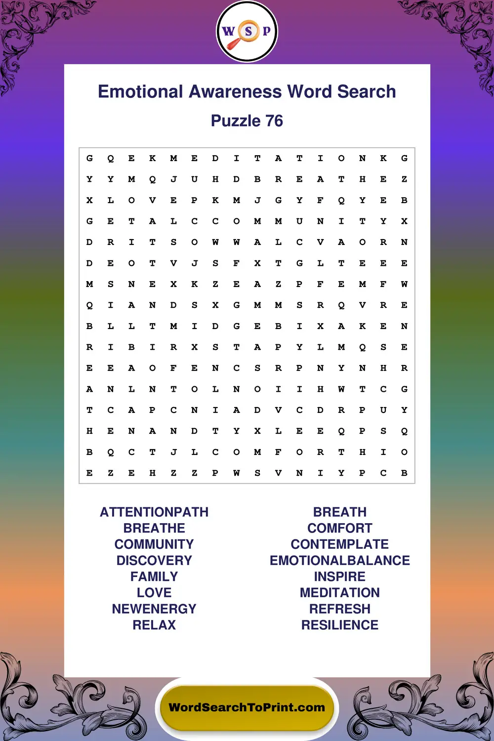 Emotional Awareness Word Search Puzzle 76