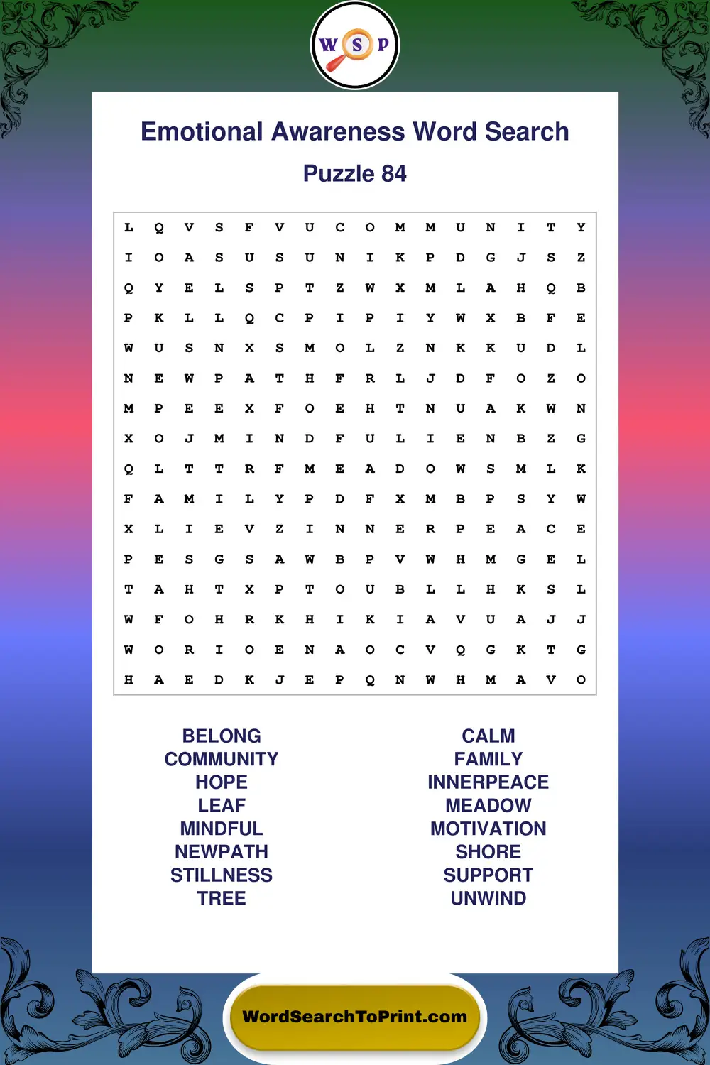Emotional Awareness Word Search Puzzle 84