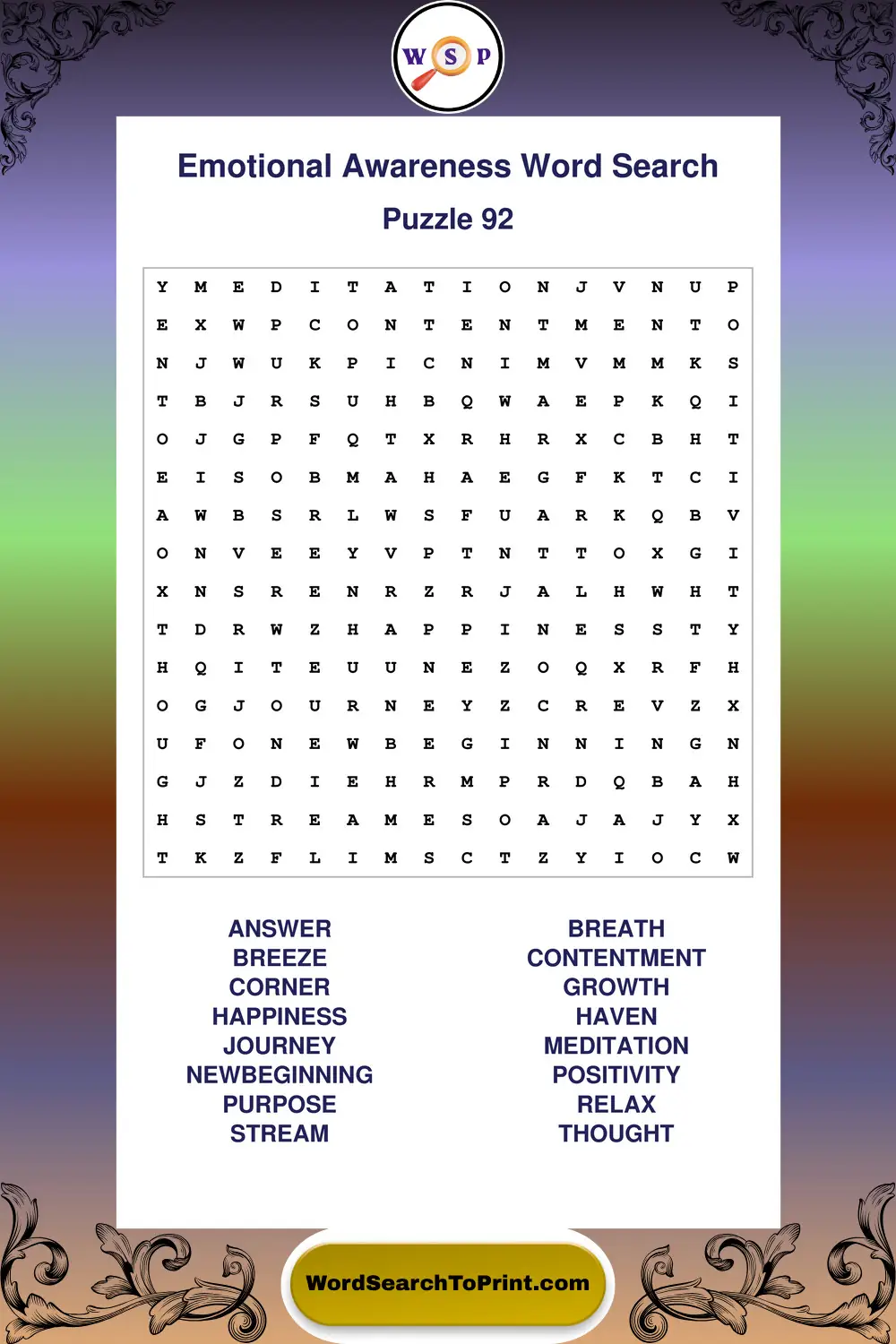 Emotional Awareness Word Search Puzzle 92