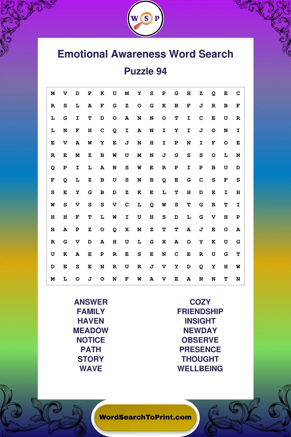 Emotional Awareness Word Search Puzzle 94
