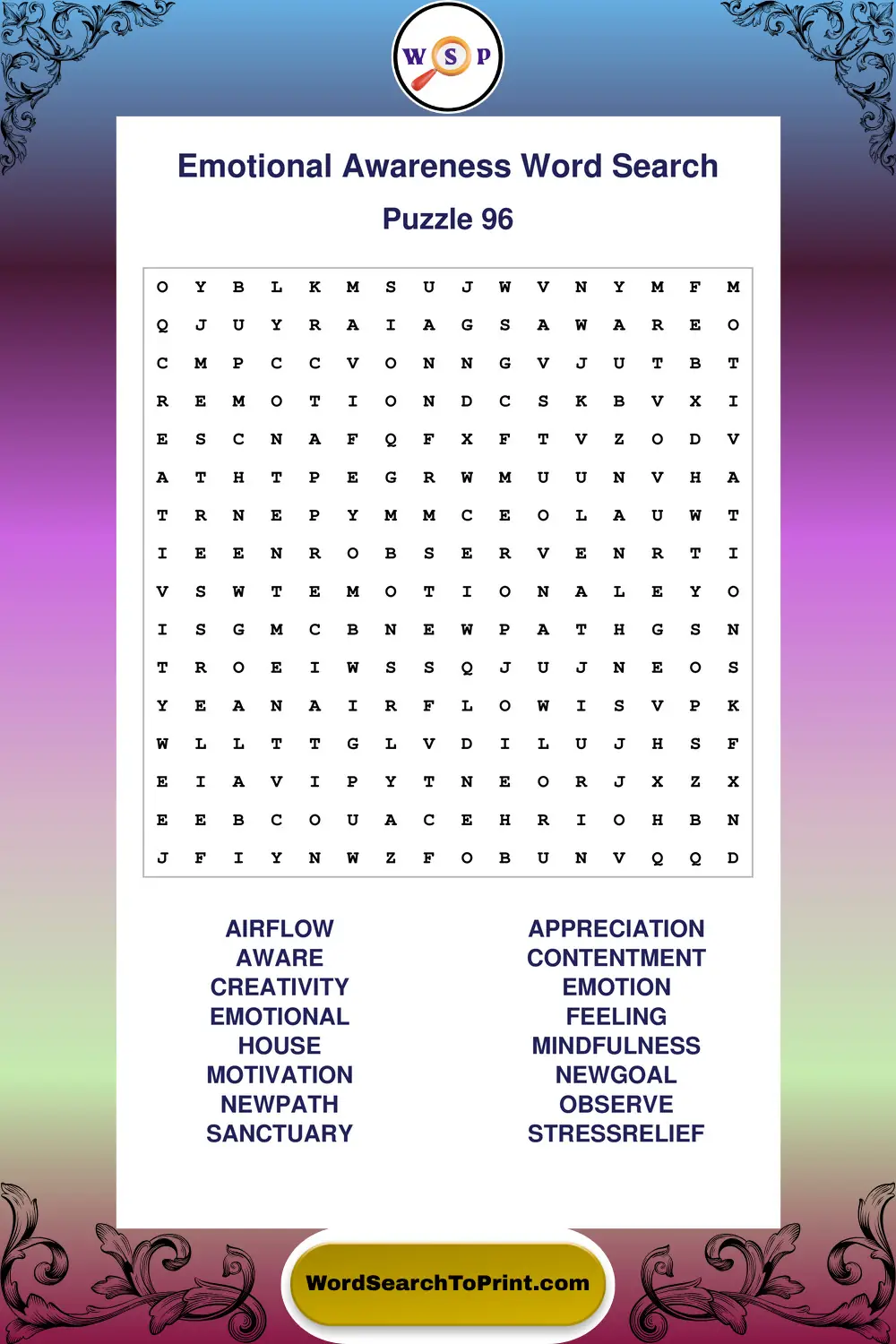 Emotional Awareness Word Search Puzzle 96