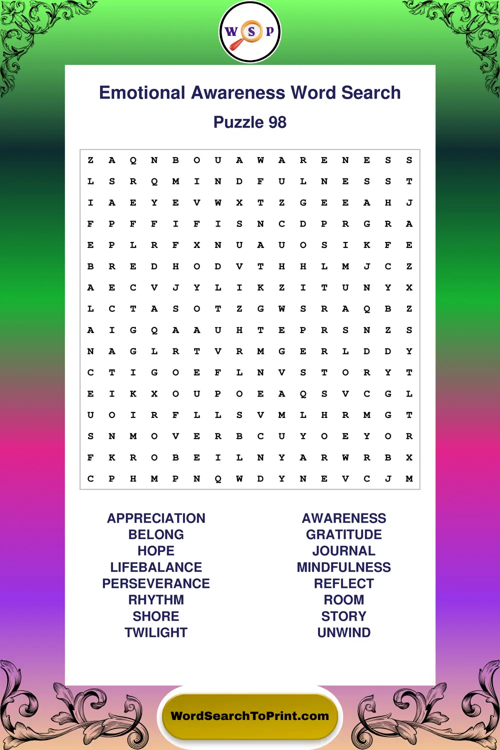 Emotional Awareness Word Search Puzzle 98