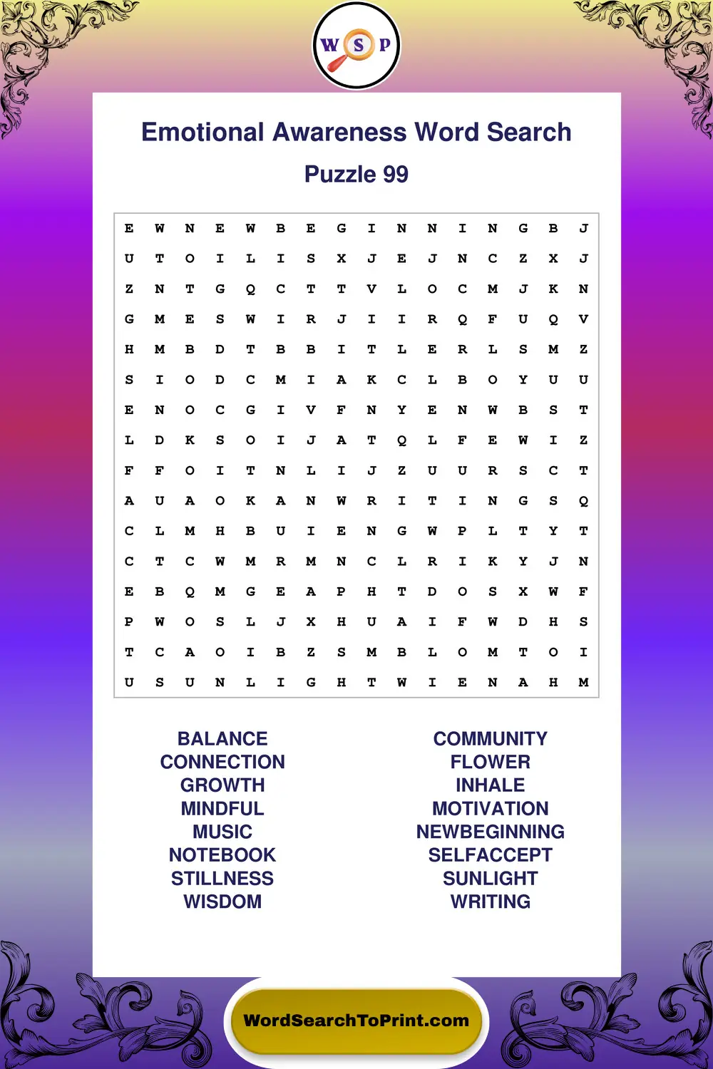 Emotional Awareness Word Search Puzzle 99