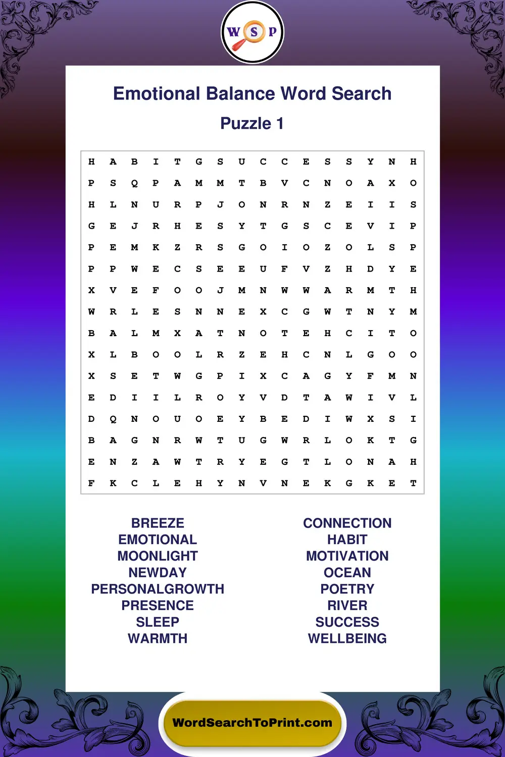 Emotional Balance Word Search Puzzle 1