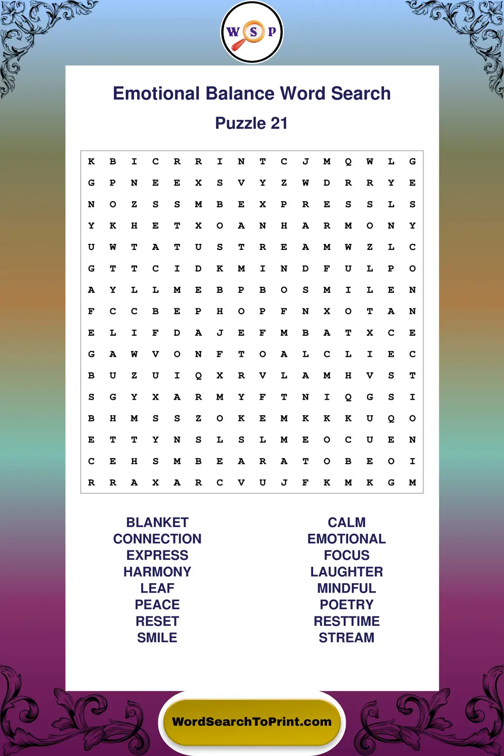 Emotional Balance Word Search Puzzle 21