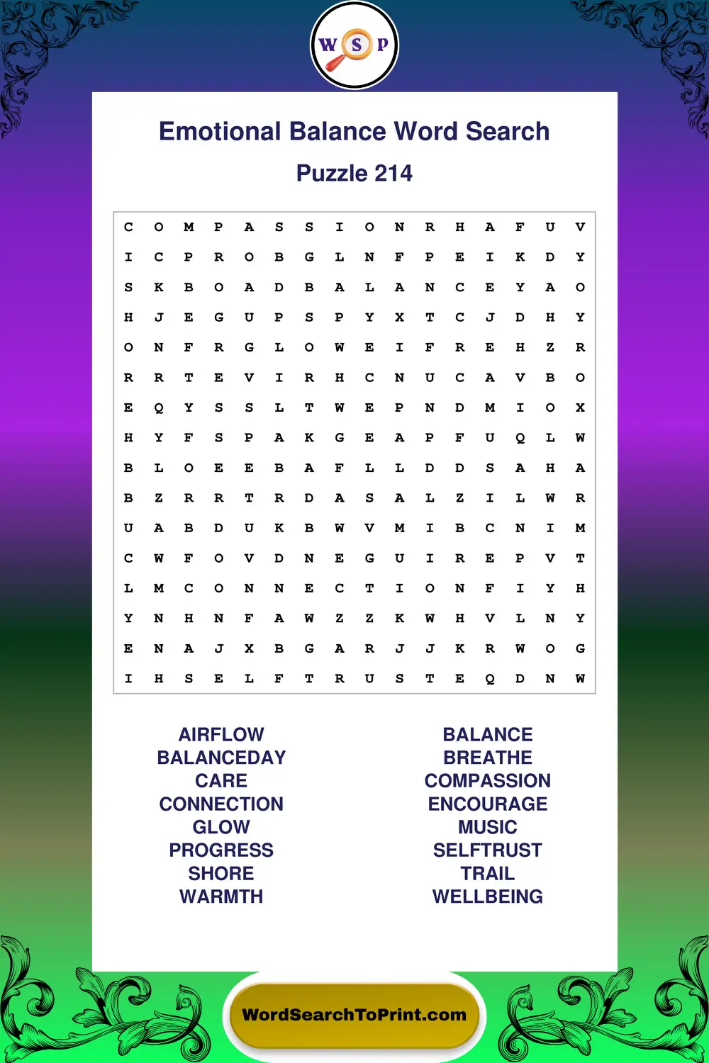 Emotional Balance Word Search Puzzle 214