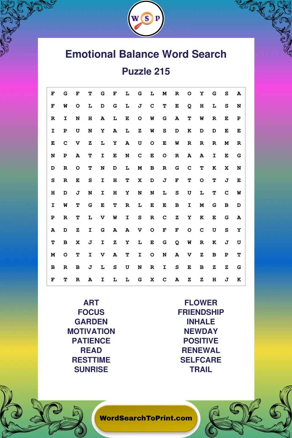 Emotional Balance Word Search Puzzle 215