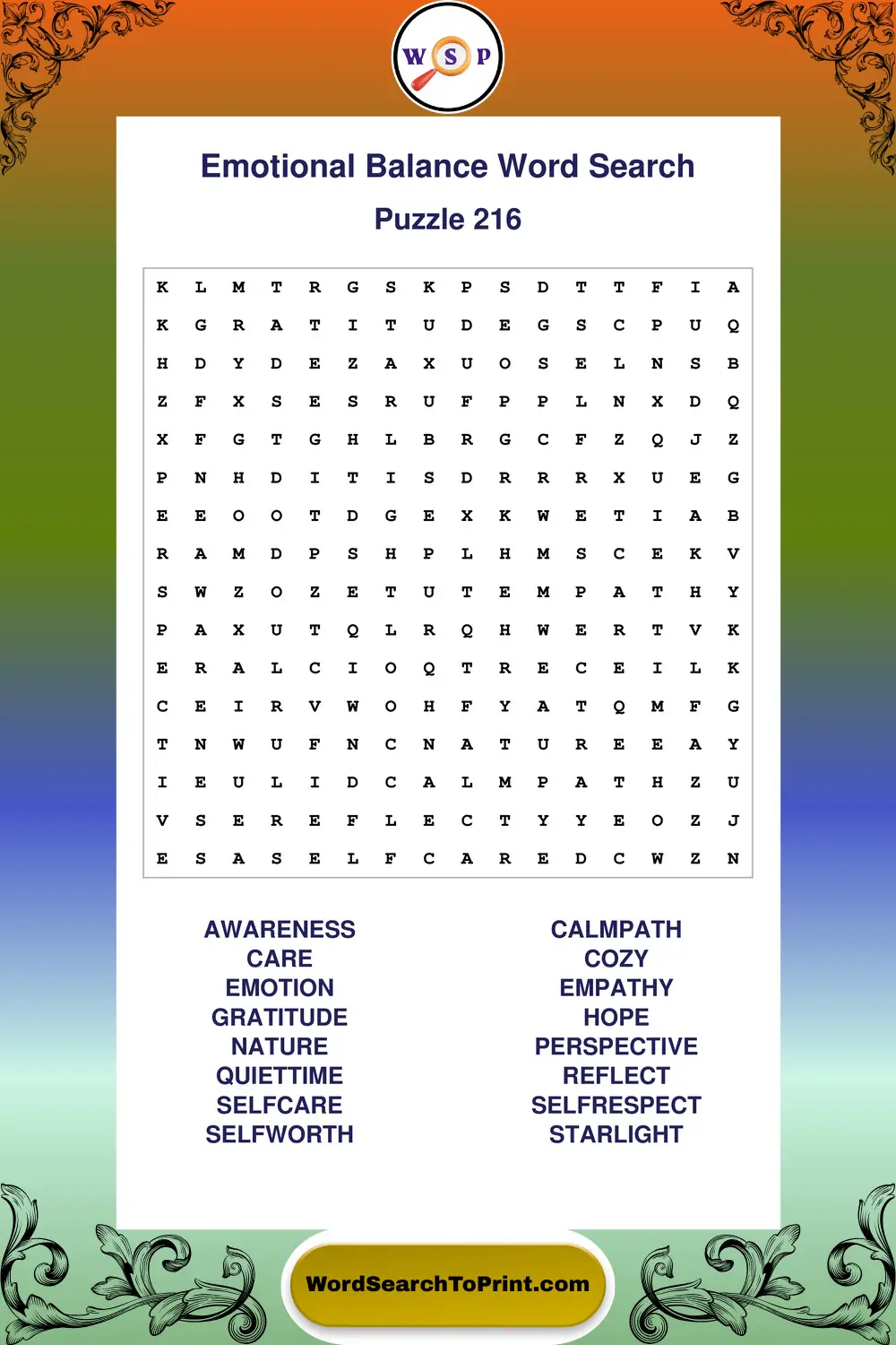 Emotional Balance Word Search Puzzle 216