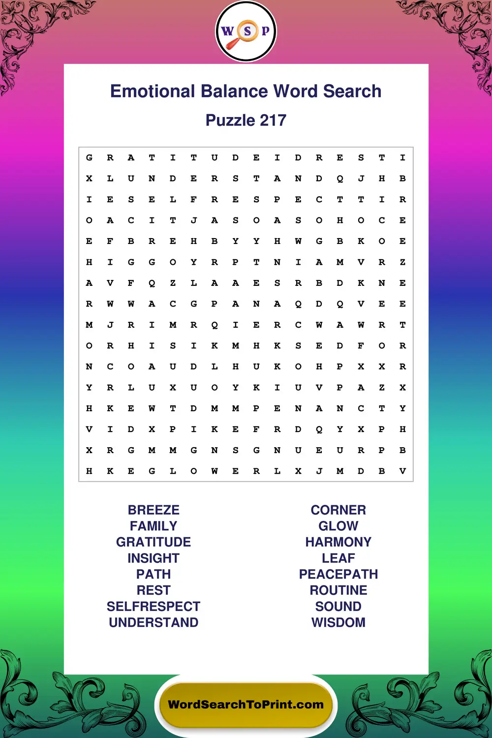 Emotional Balance Word Search Puzzle 217