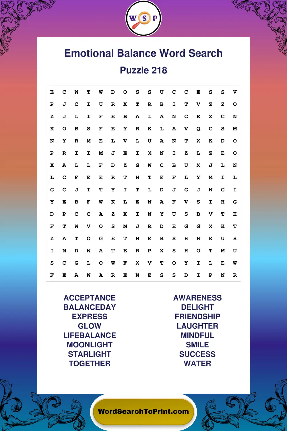 Emotional Balance Word Search Puzzle 218