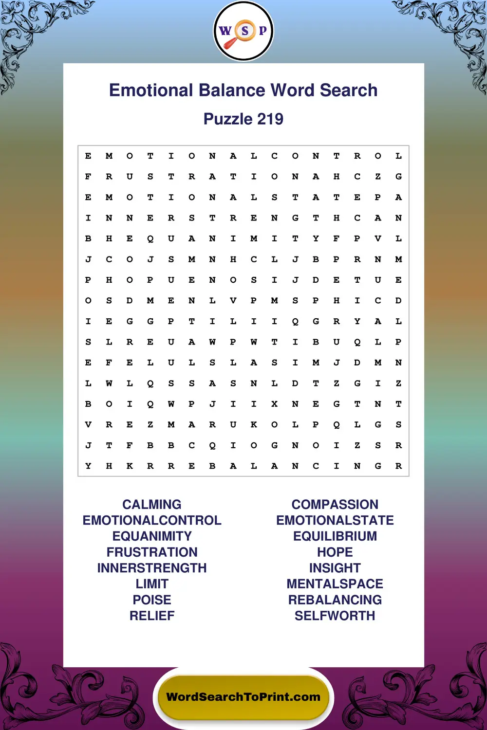 Emotional Balance Word Search Puzzle 219