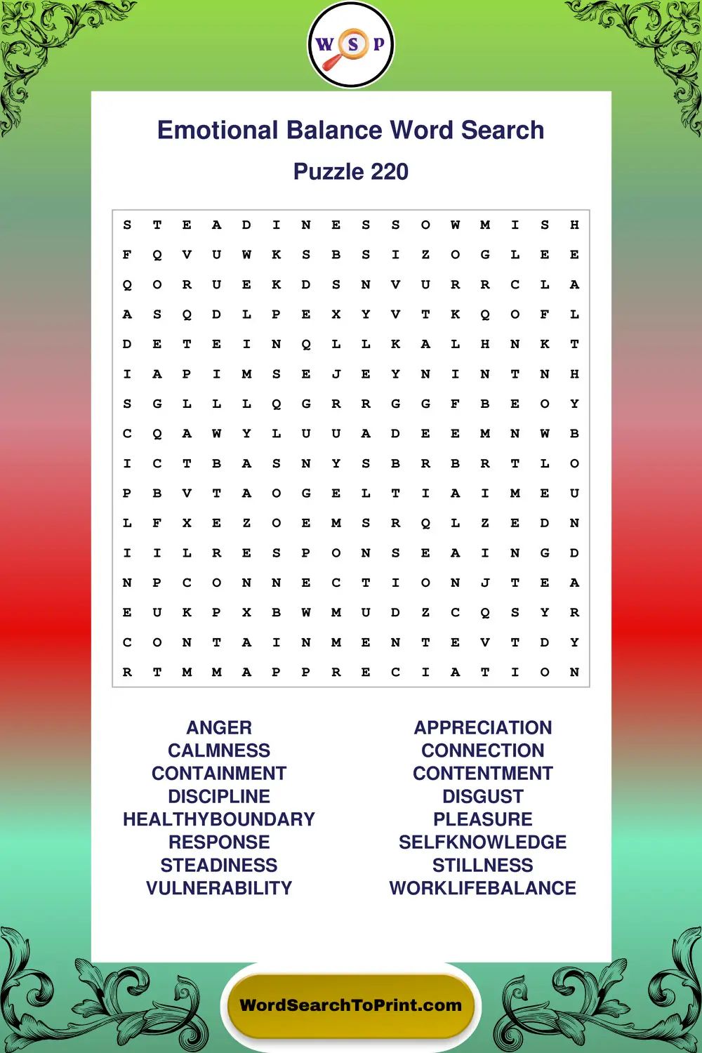 Emotional Balance Word Search Puzzle 220