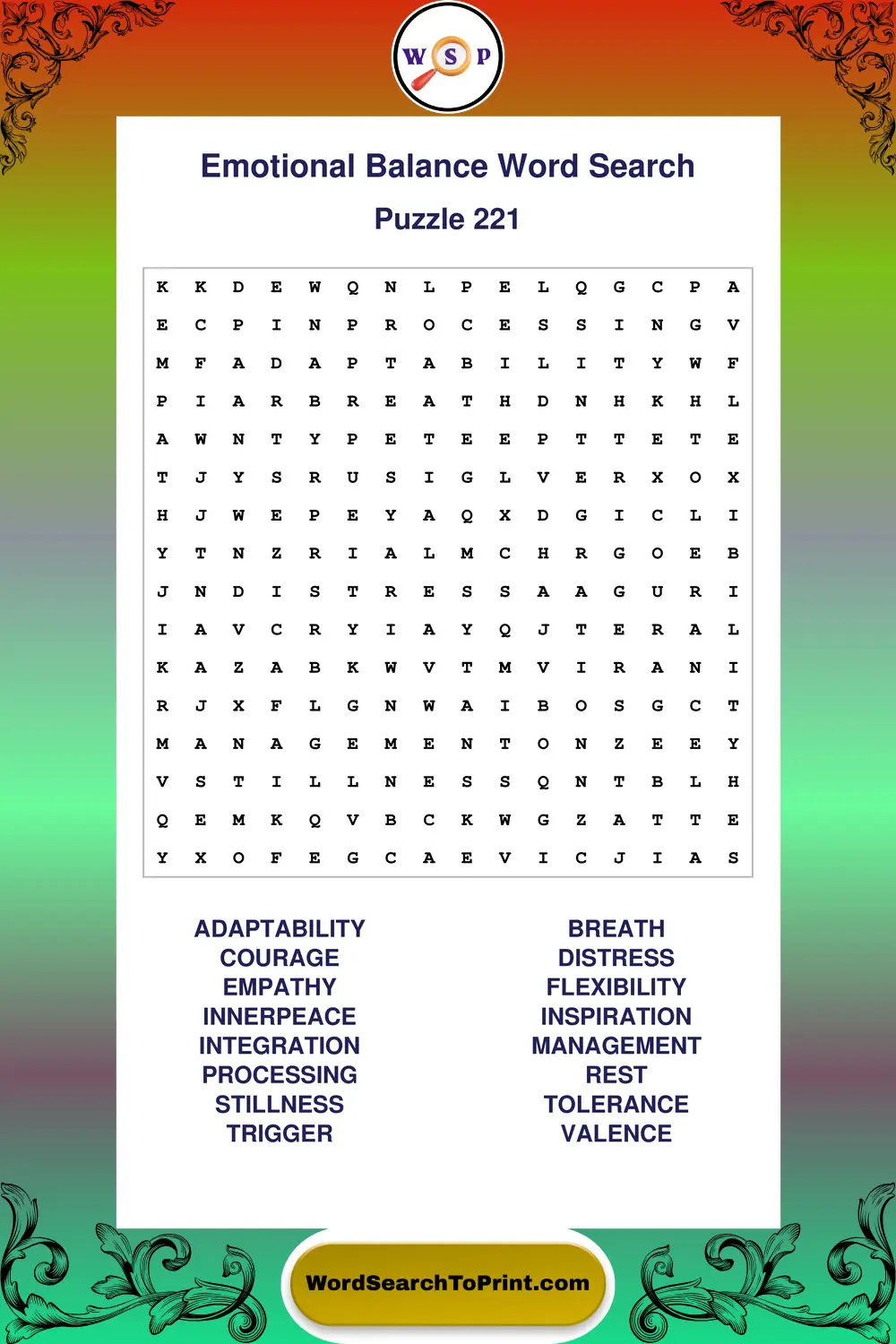 Emotional Balance Word Search Puzzle 221