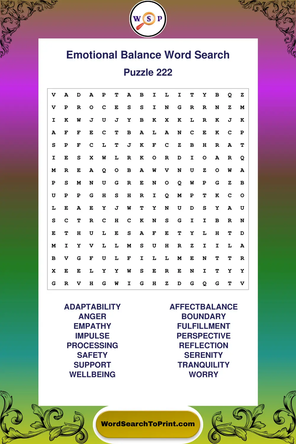 Emotional Balance Word Search Puzzle 222