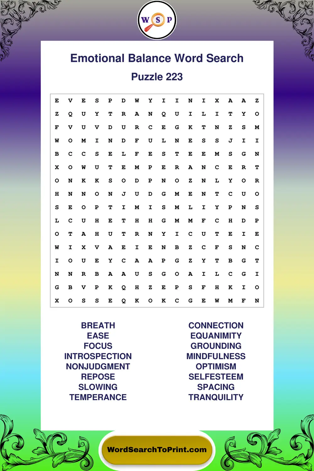 Emotional Balance Word Search Puzzle 223