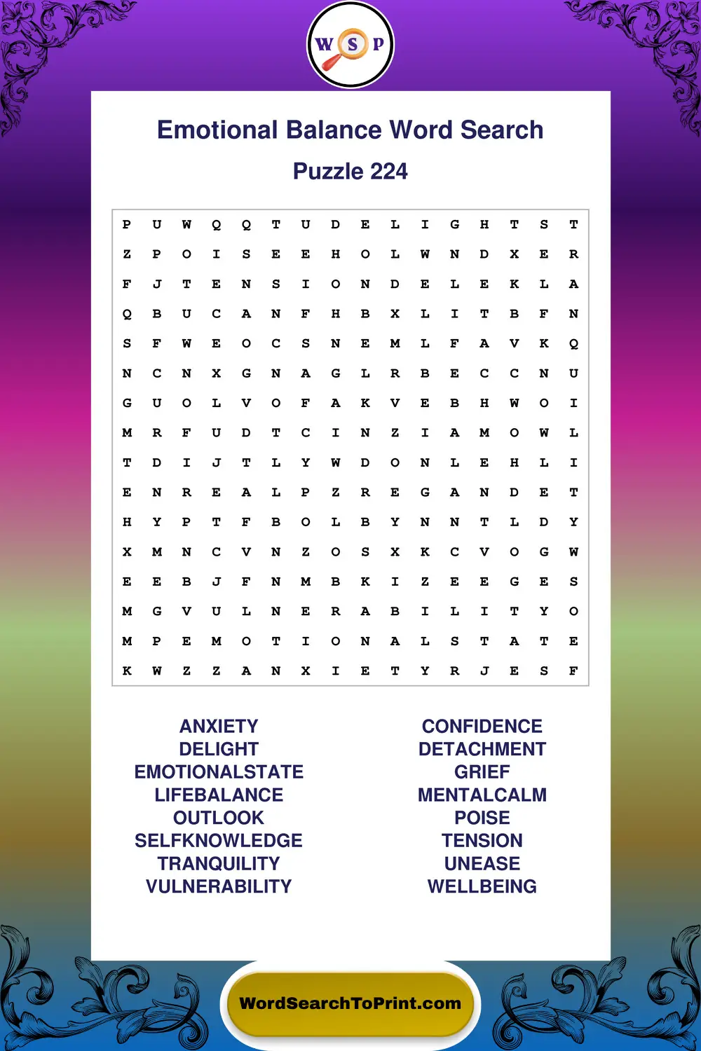 Emotional Balance Word Search Puzzle 224