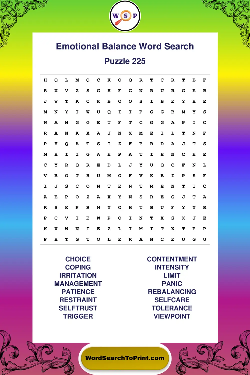 Emotional Balance Word Search Puzzle 225