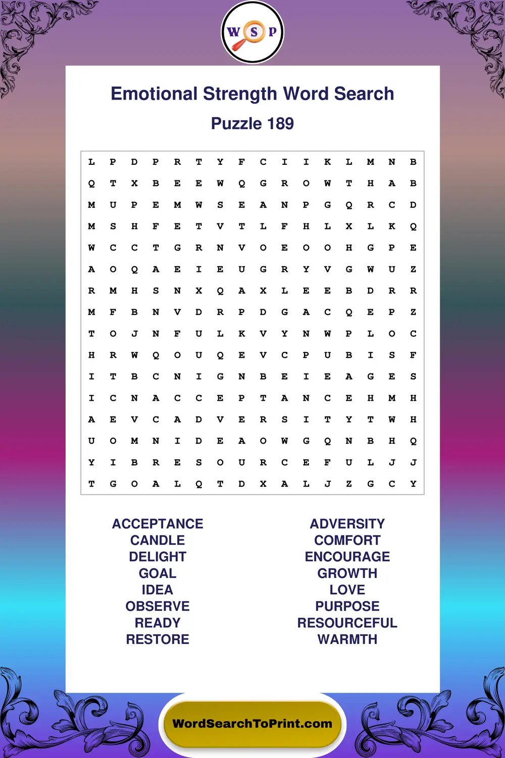 Emotional Strength Word Search Puzzle 189
