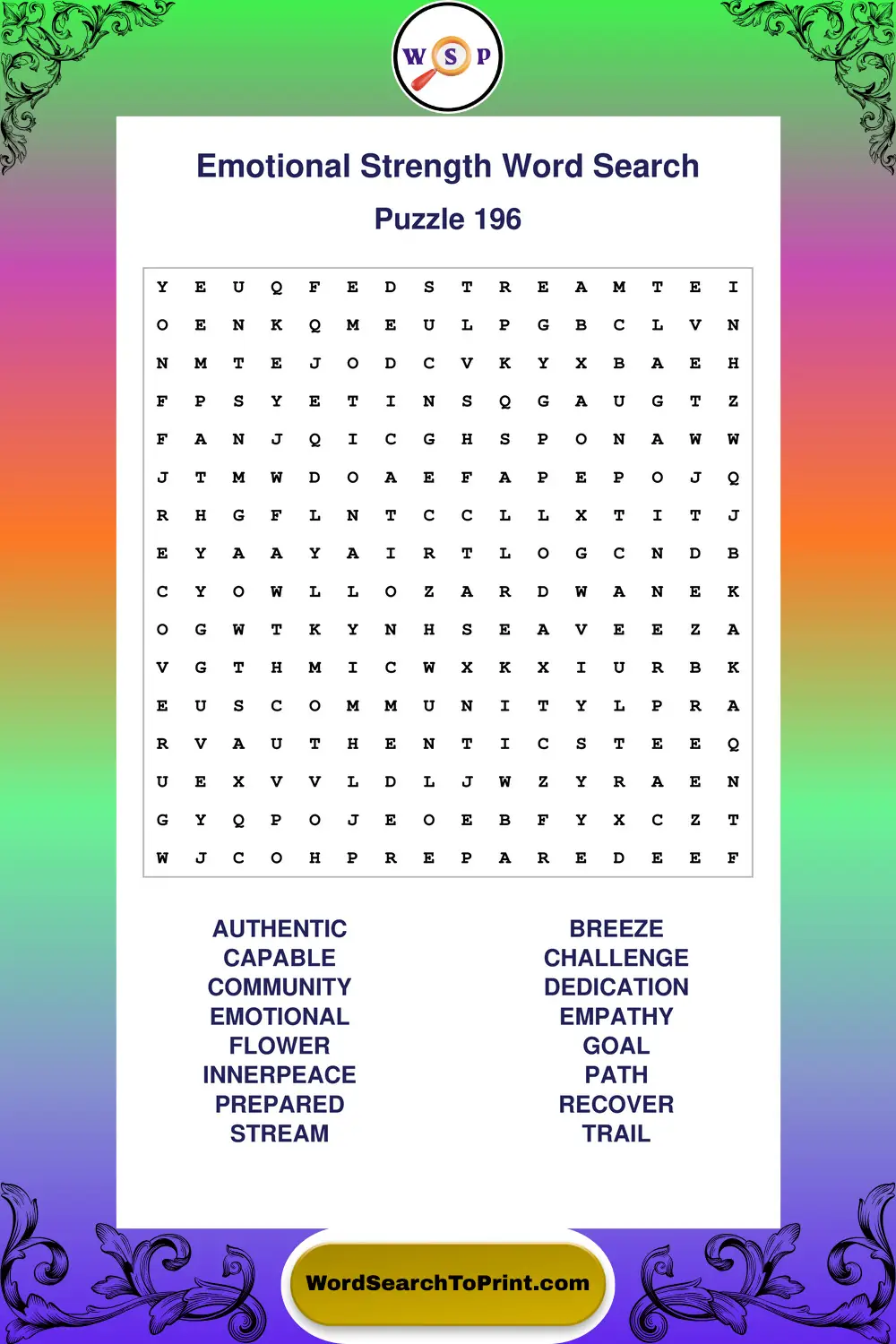 Emotional Strength Word Search Puzzle 196