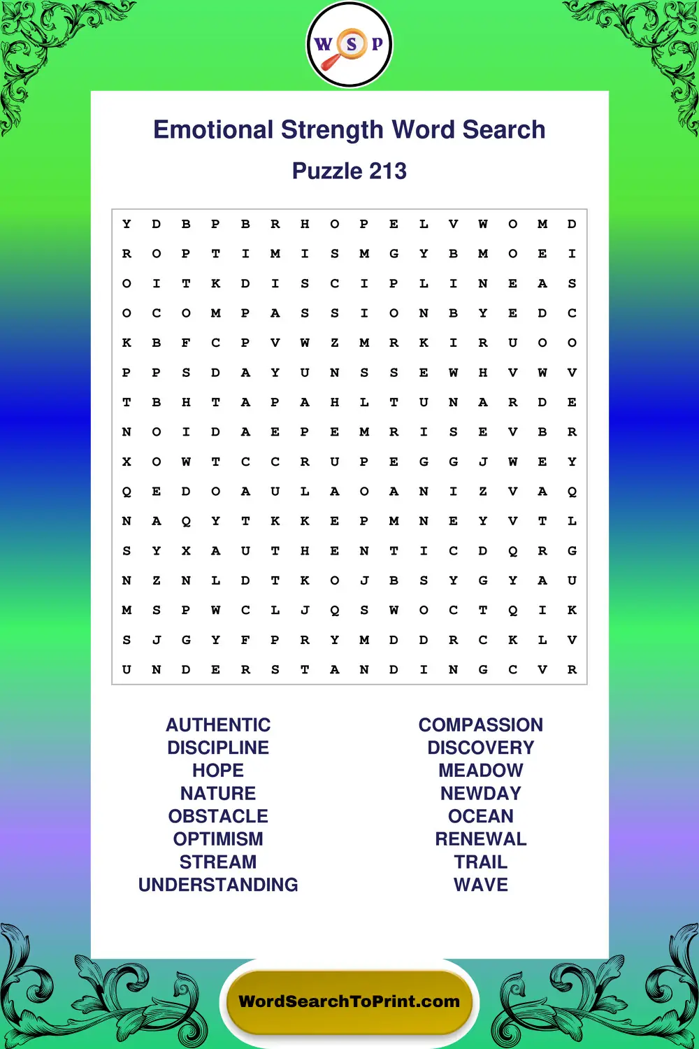 Emotional Strength Word Search Puzzle 213