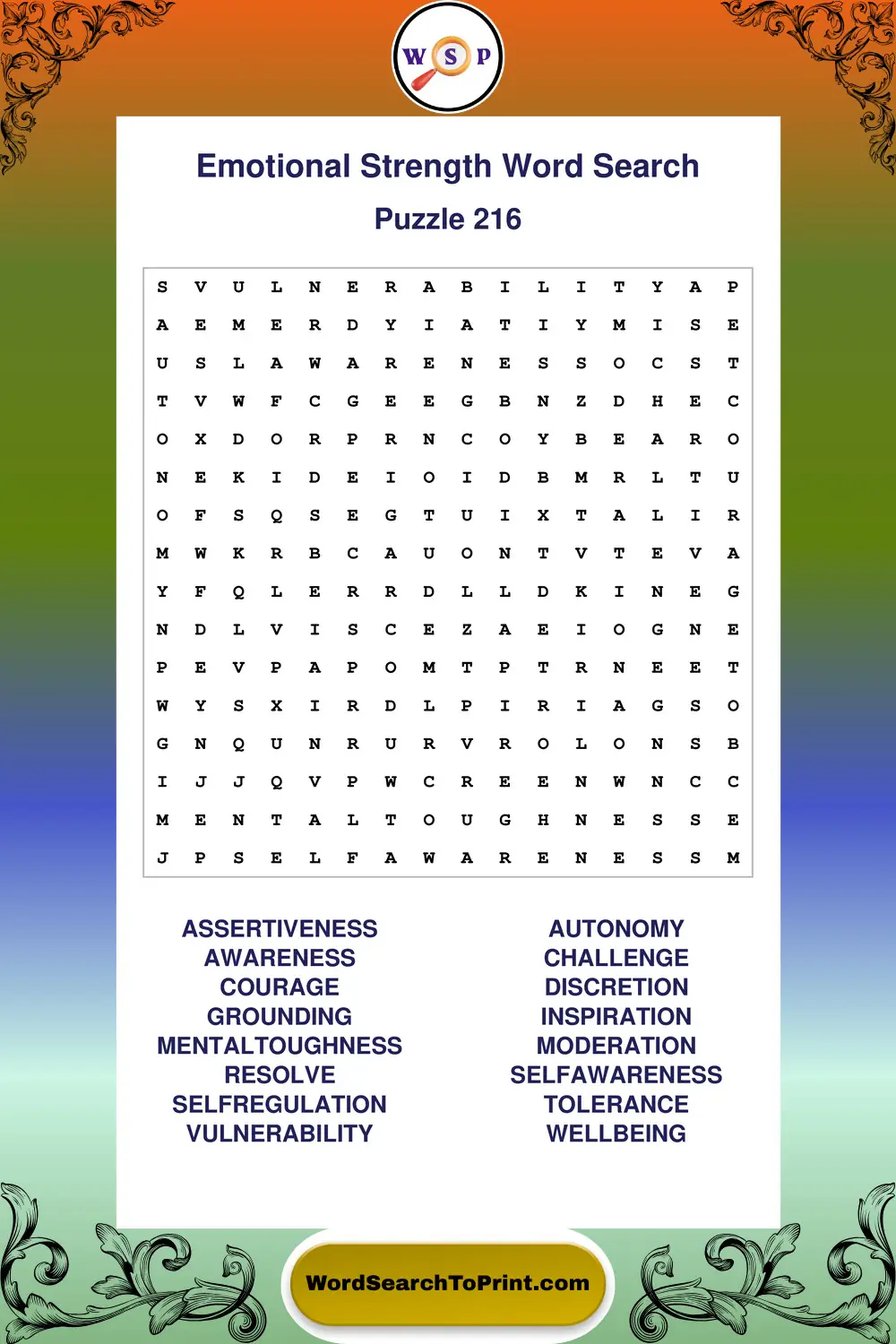 Emotional Strength Word Search Puzzle 216