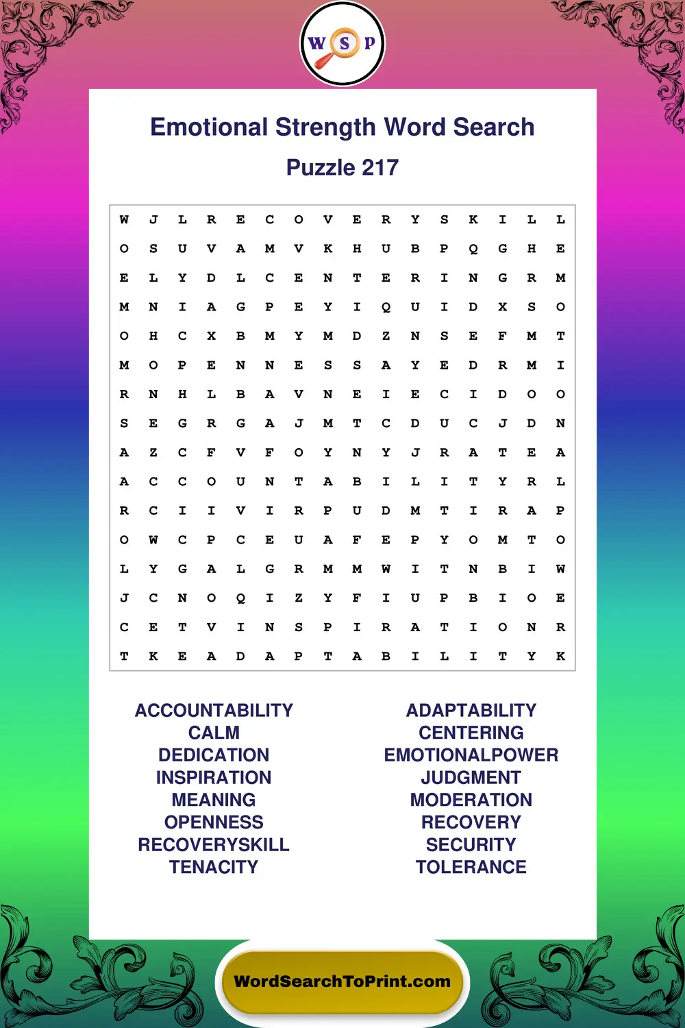 Emotional Strength Word Search Puzzle 217