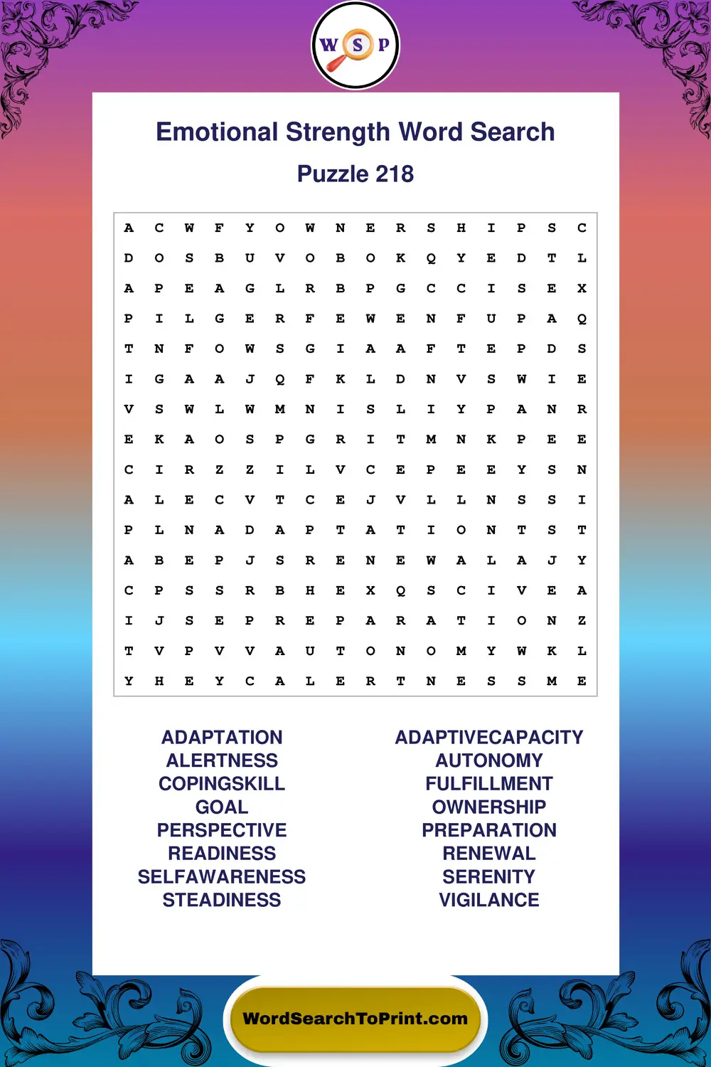 Emotional Strength Word Search Puzzle 218