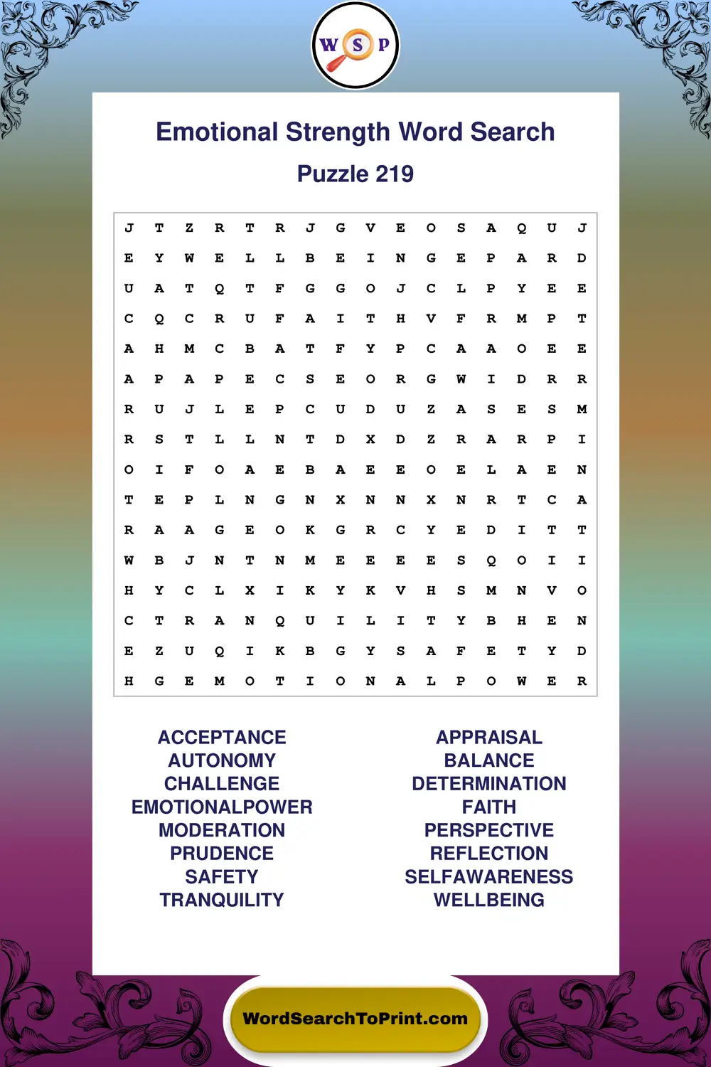 Emotional Strength Word Search Puzzle 219