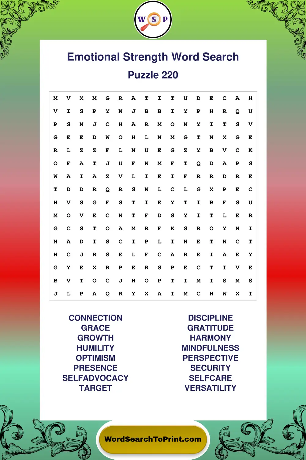 Emotional Strength Word Search Puzzle 220
