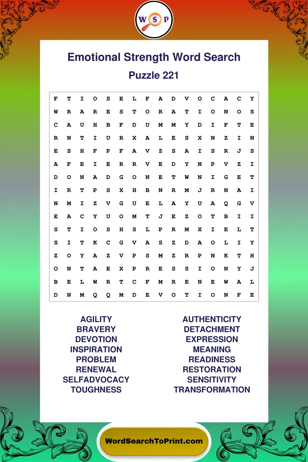 Emotional Strength Word Search Puzzle 221