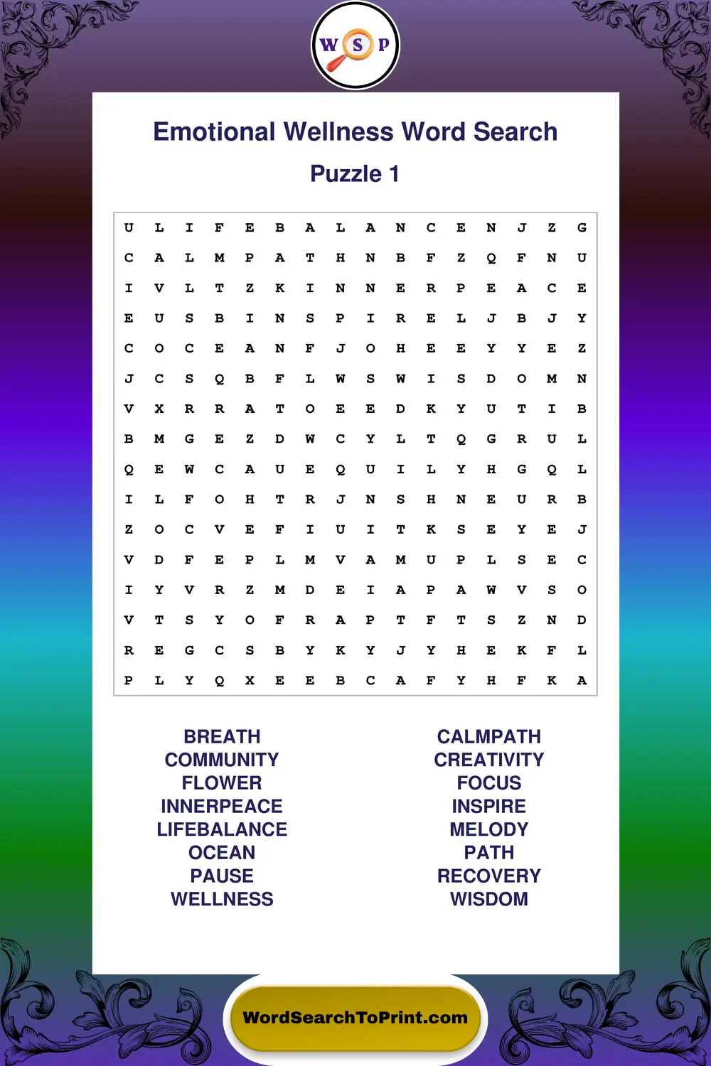 Emotional Wellness Word Search Puzzle 1