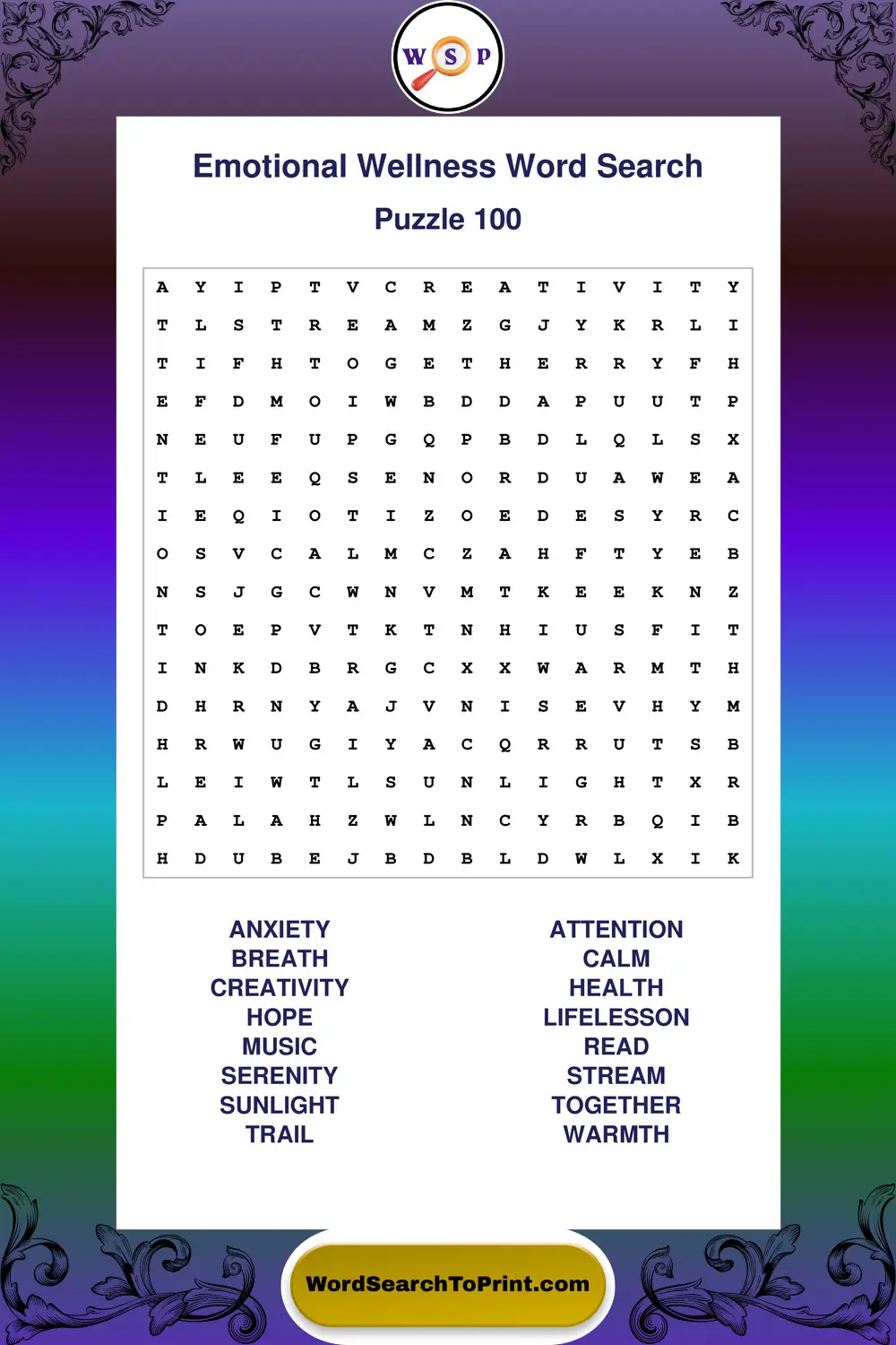 Emotional Wellness Word Search Puzzle 100