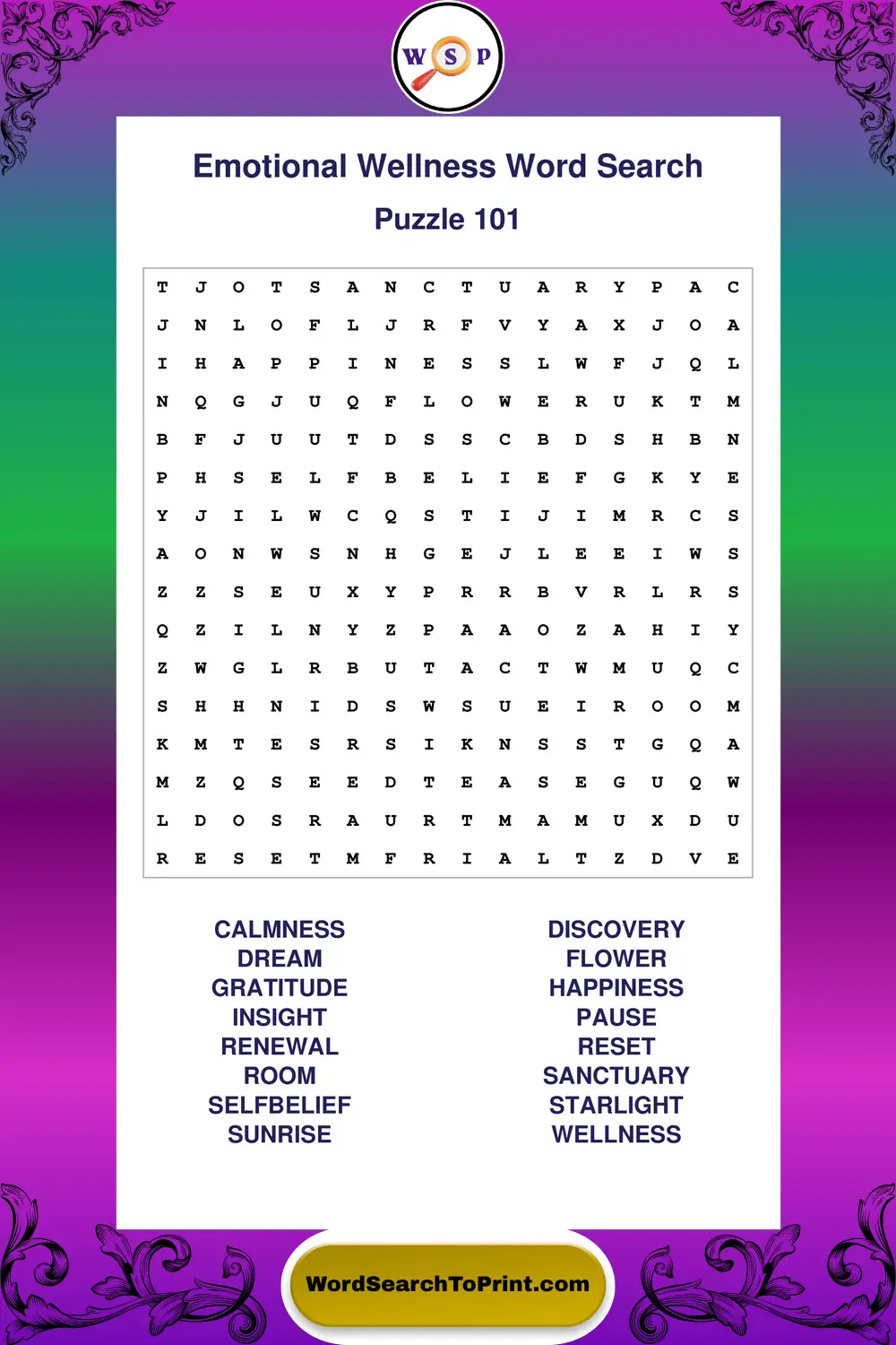 Emotional Wellness Word Search Puzzle 101