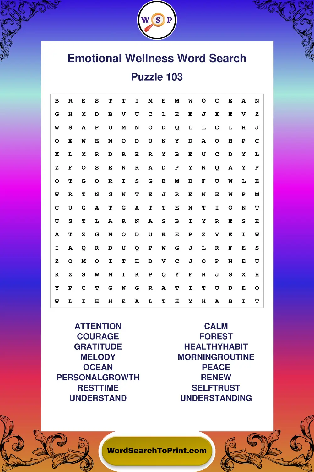 Emotional Wellness Word Search Puzzle 103