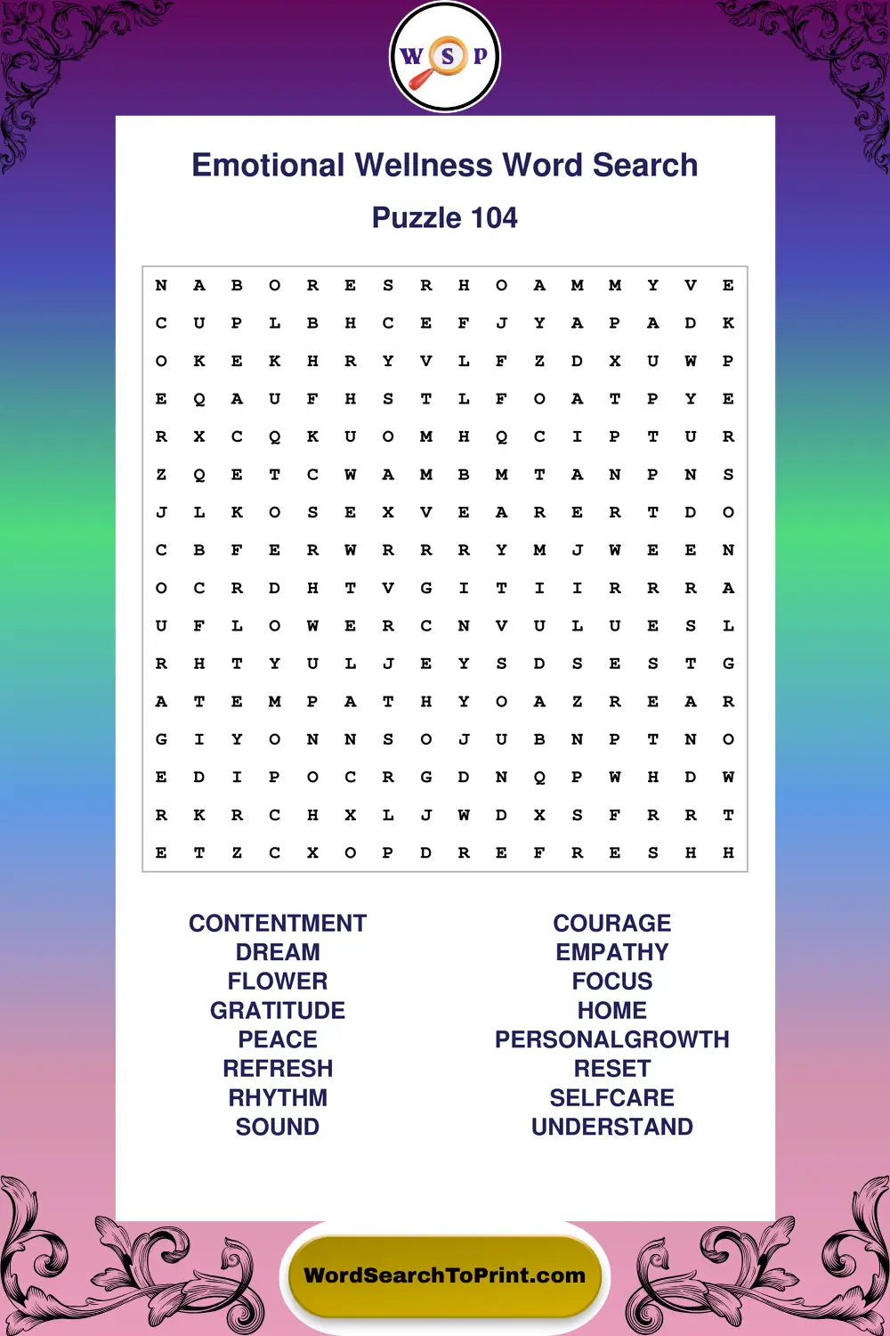 Emotional Wellness Word Search Puzzle 104