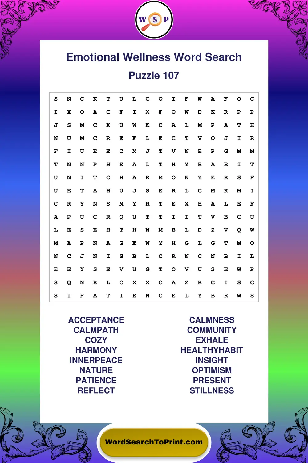 Emotional Wellness Word Search Puzzle 107