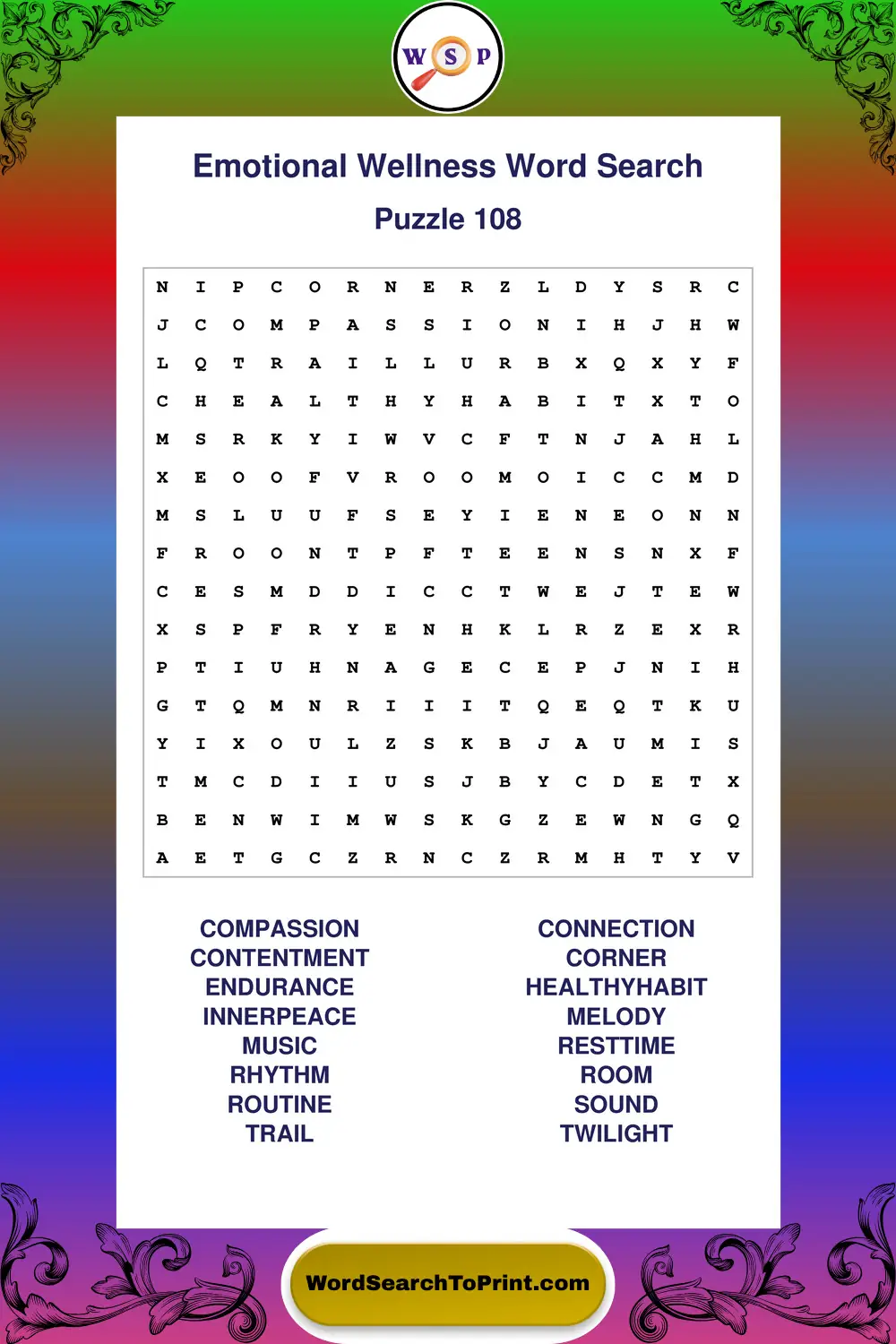 Emotional Wellness Word Search Puzzle 108