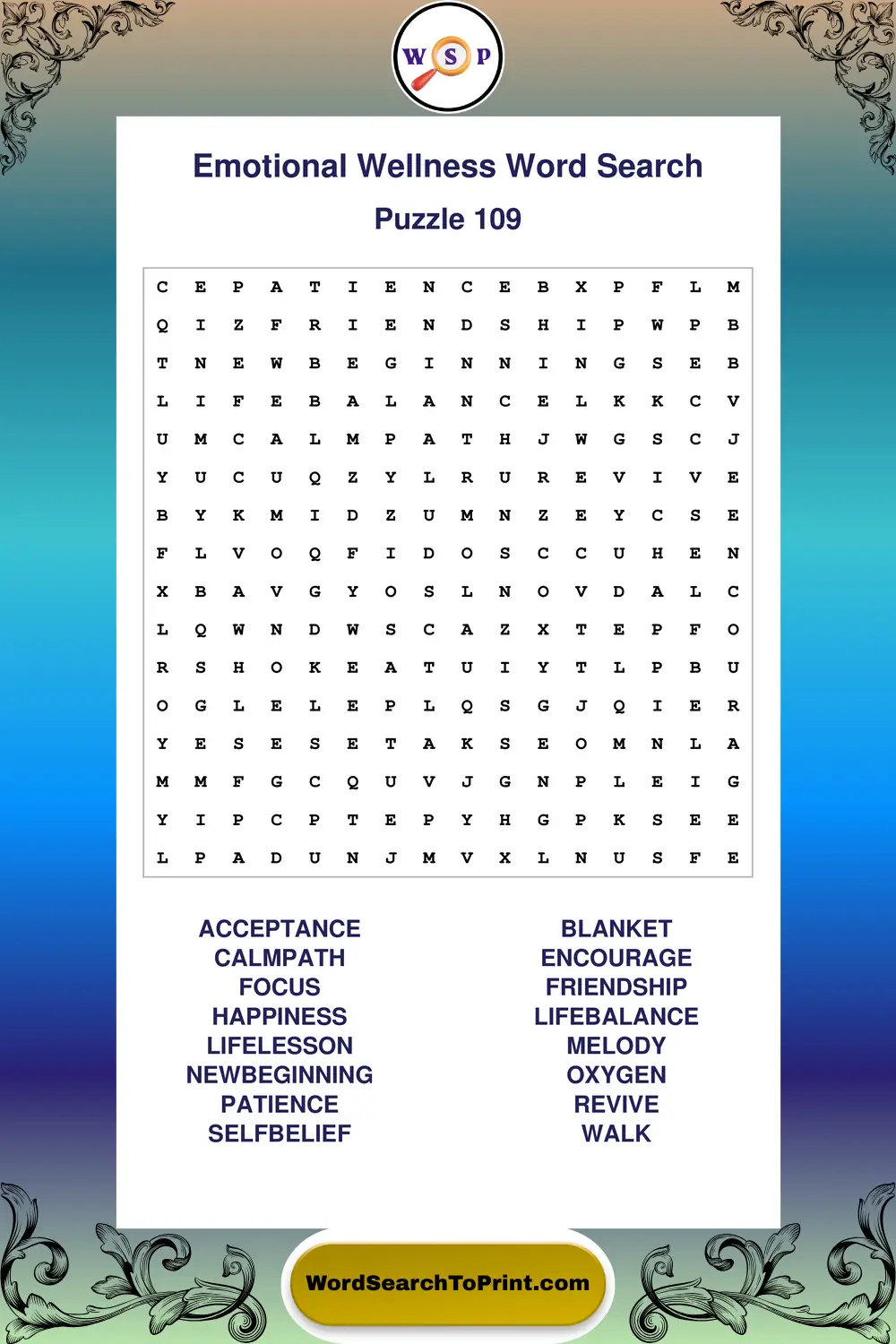 Emotional Wellness Word Search Puzzle 109