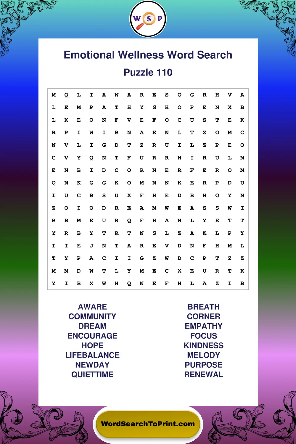 Emotional Wellness Word Search Puzzle 110