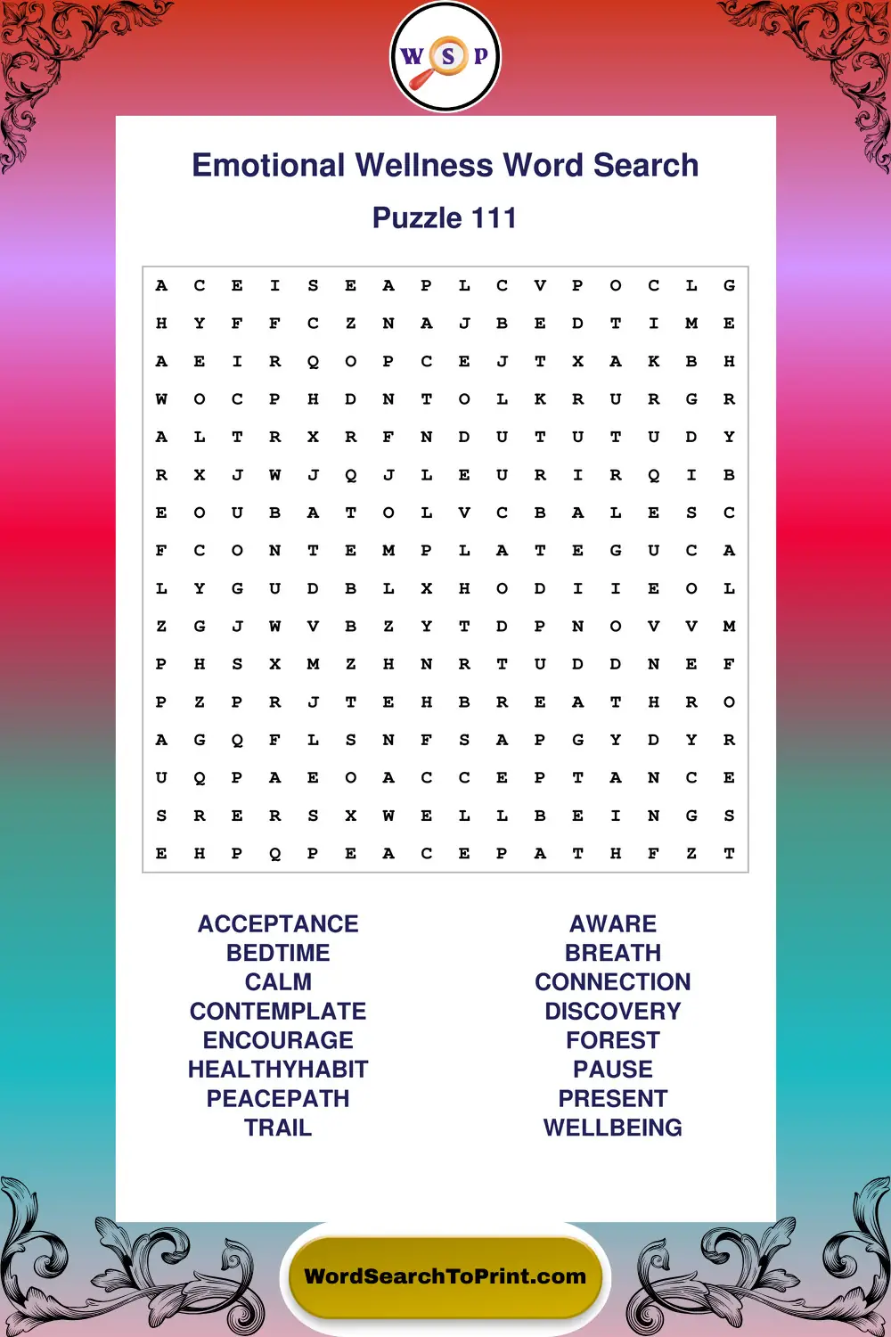 Emotional Wellness Word Search Puzzle 111