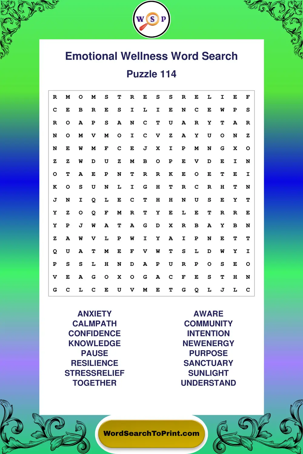 Emotional Wellness Word Search Puzzle 114