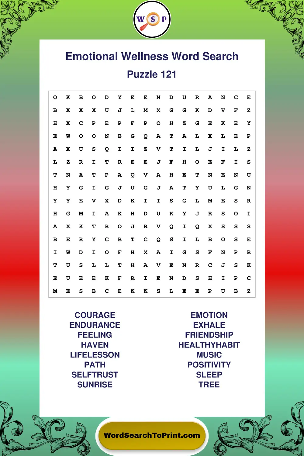 Emotional Wellness Word Search Puzzle 121