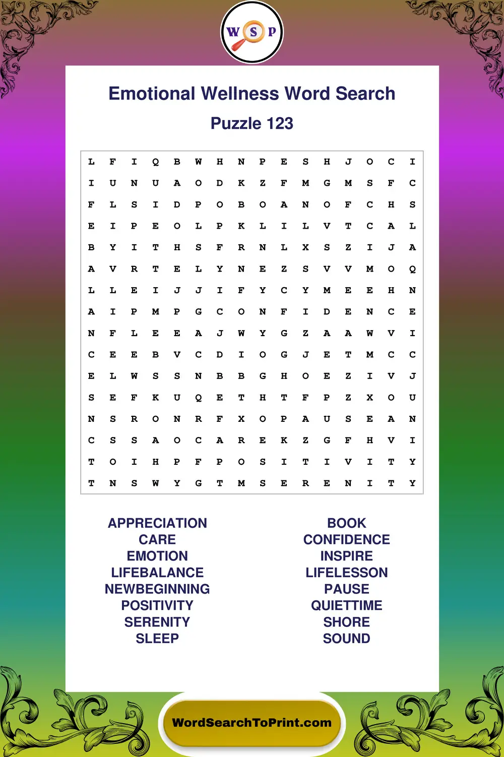 Emotional Wellness Word Search Puzzle 123